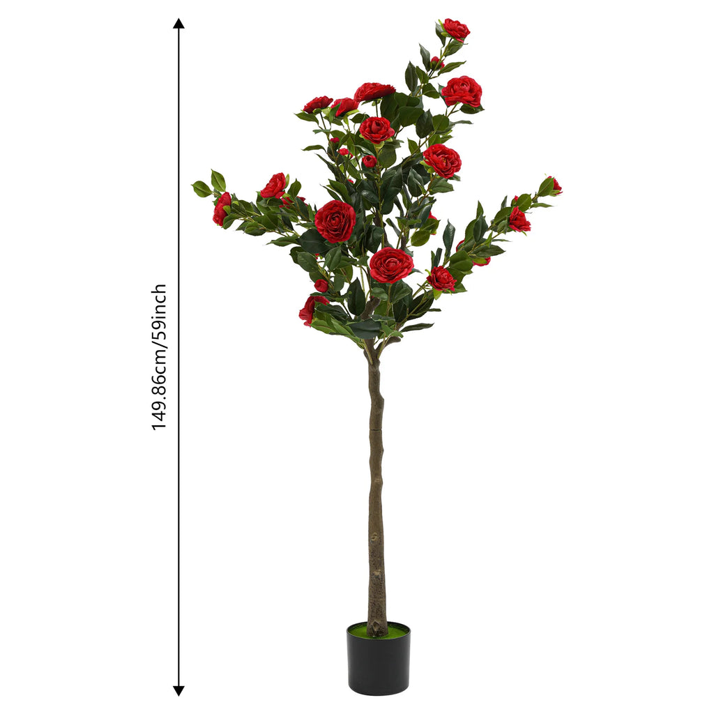Artificial Camellia Tree — 4.9 ft, Red Blooms, Cement-Filled Pot