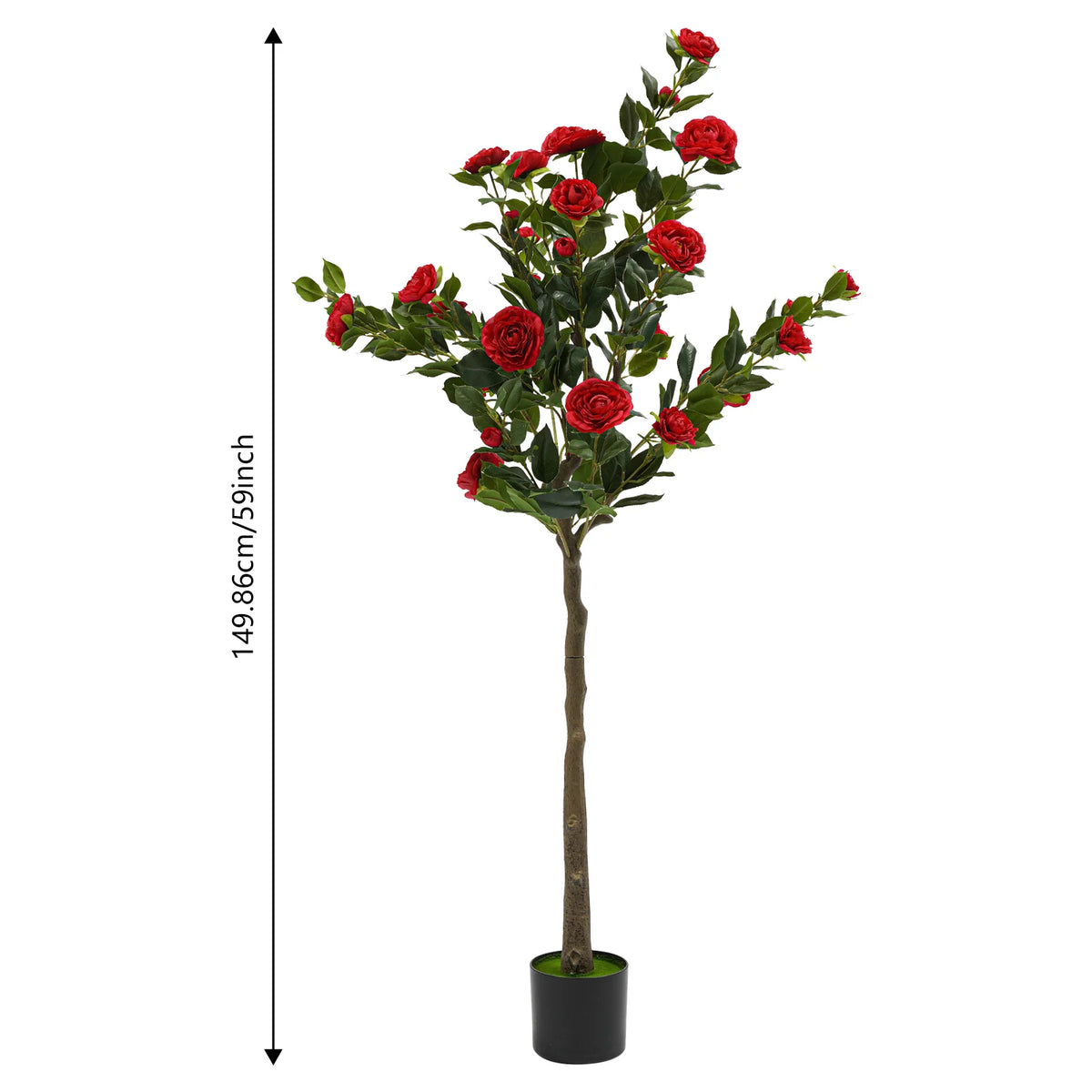 Artificial Camellia Tree — 4.9 ft, Red Blooms, Cement-Filled Pot