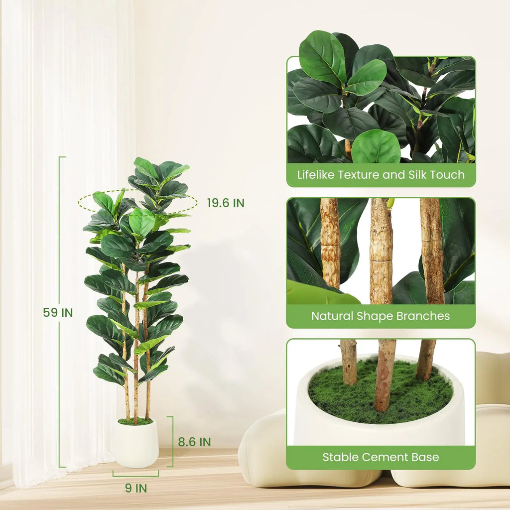 Artificial Fiddle Leaf Fig Tree — 5 to 7 ft, White Planter with Real Wood Trunk