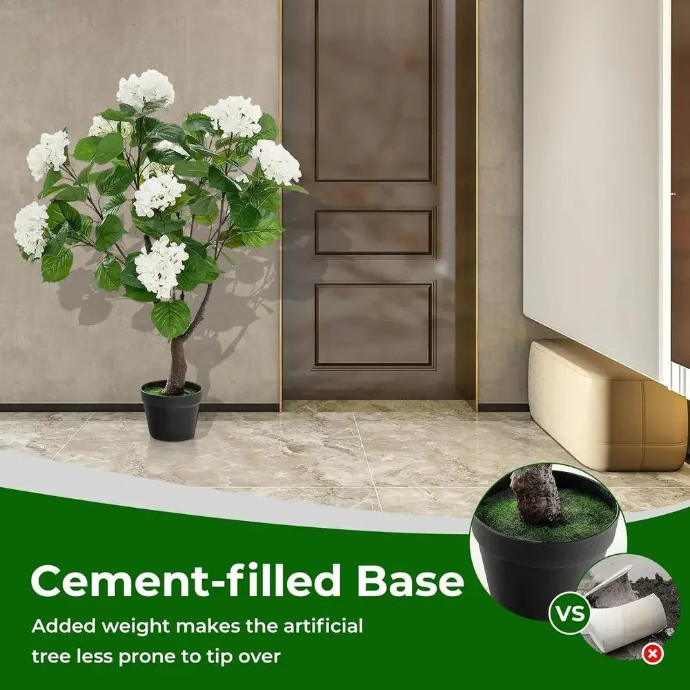 Artificial Hydrangea Tree — 3.5 ft, 11 White Blooms in Plastic Pot