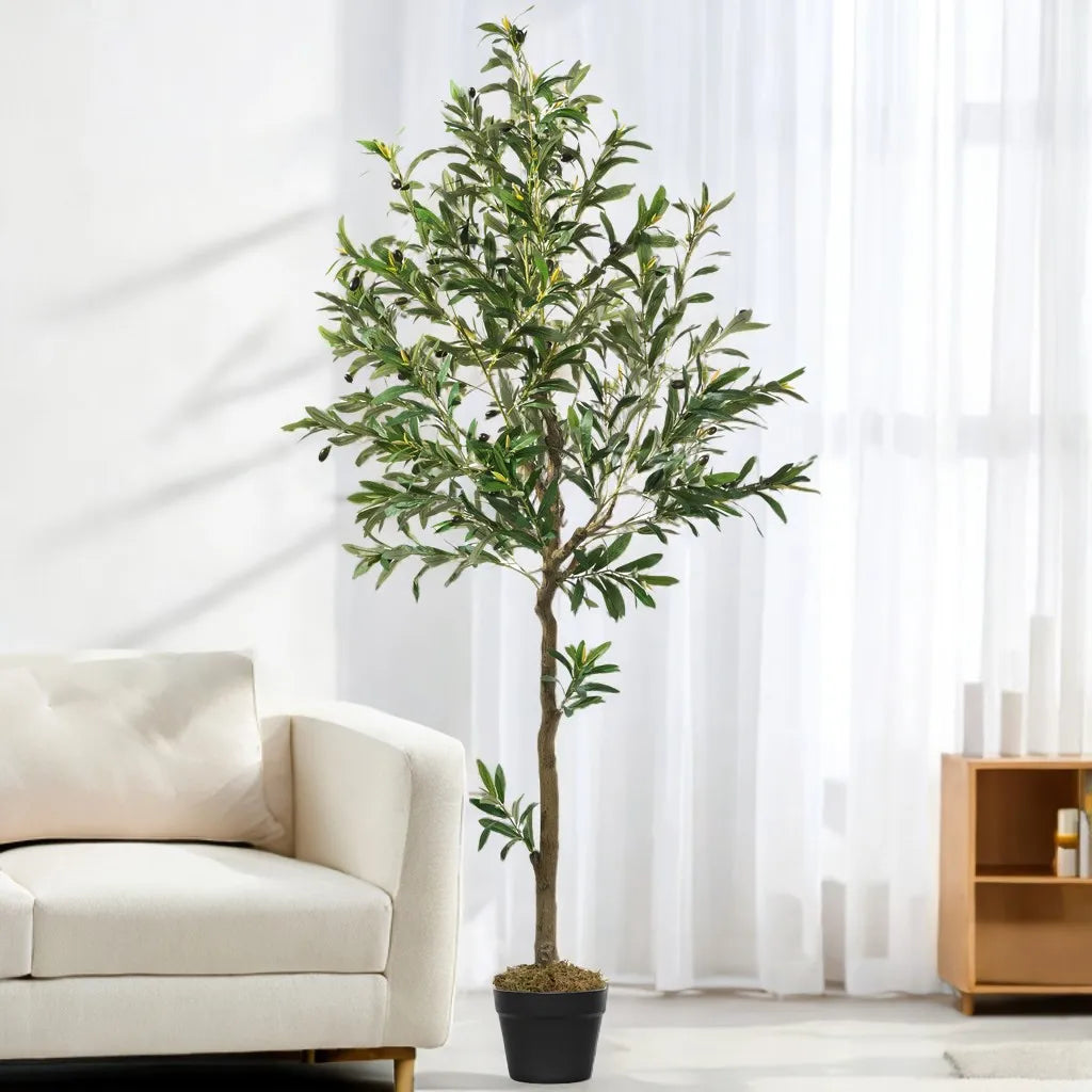 Artificial Olive Tree, 5.25 to 8 ft, Silk Leaves, Black Pot