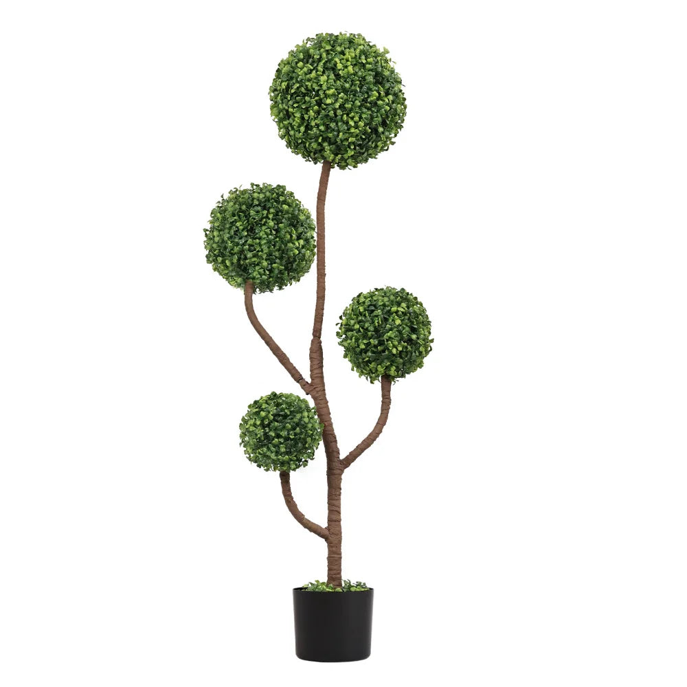 Artificial Boxwood Pom-Pom Topiary — 4 ft, Four-Tier Spheres, Black Planter