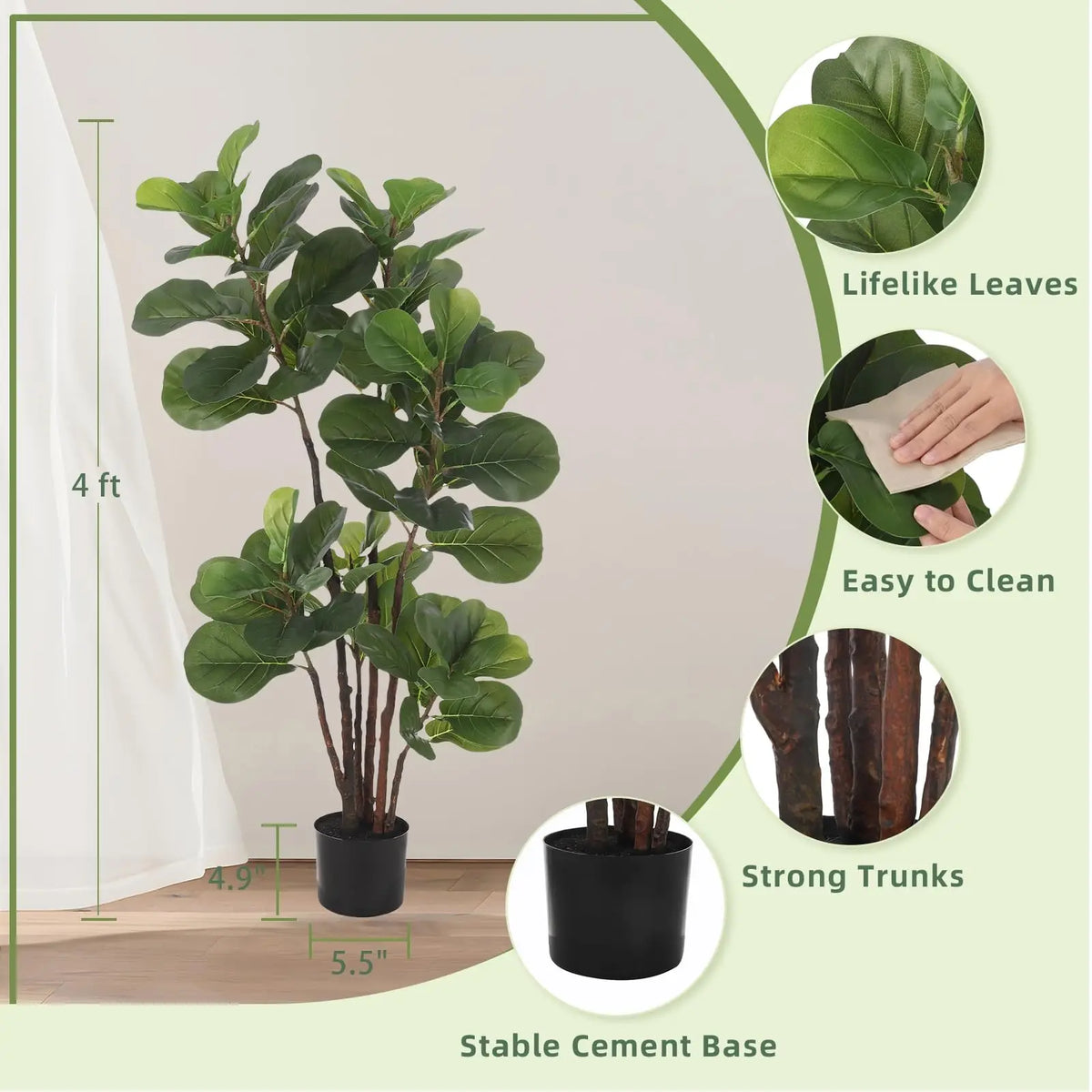 Artificial Fiddle Leaf Fig Tree — 4 ft, 72 Leaves, Black Planter, No Assembly