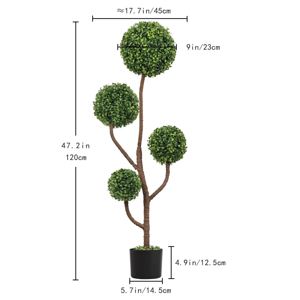 Artificial Boxwood Pom-Pom Topiary — 4 ft, Four-Tier Spheres, Black Planter
