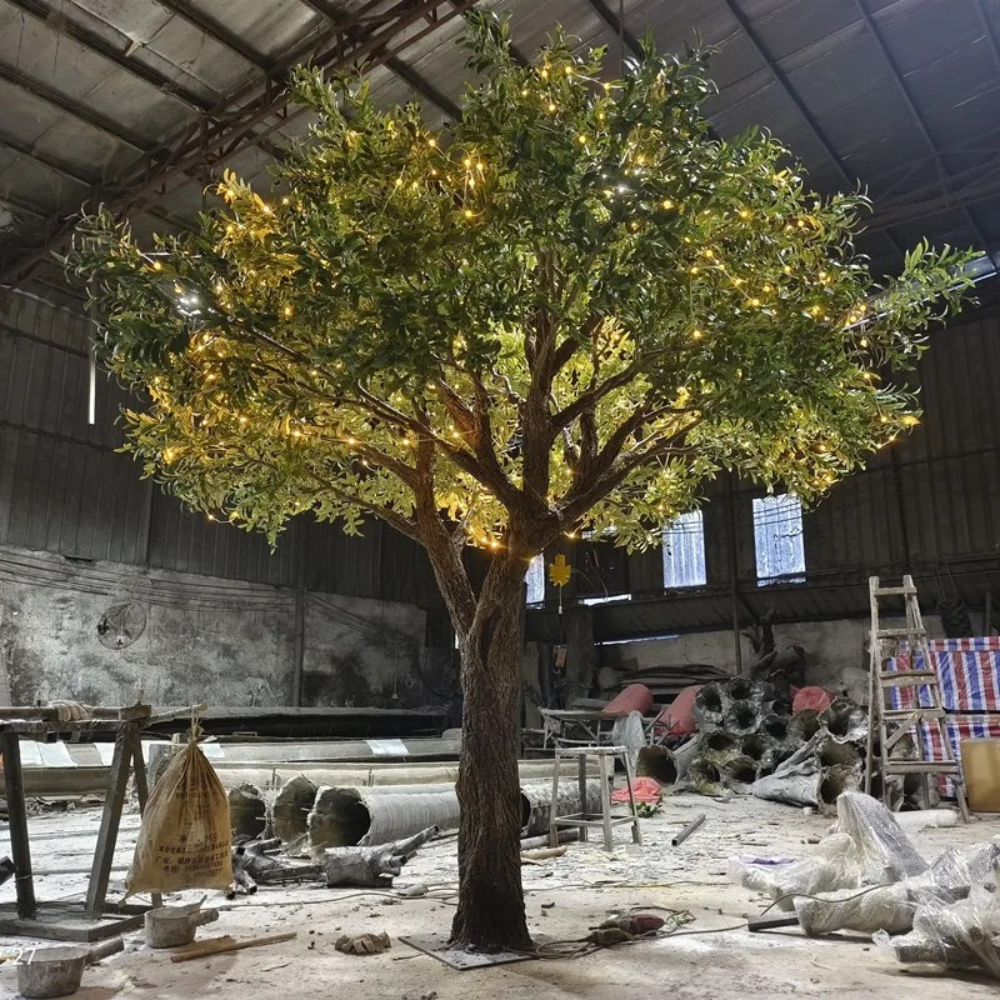 Artificial olive tree 4m tall, silver-green foliage lit with LEDs through the branches