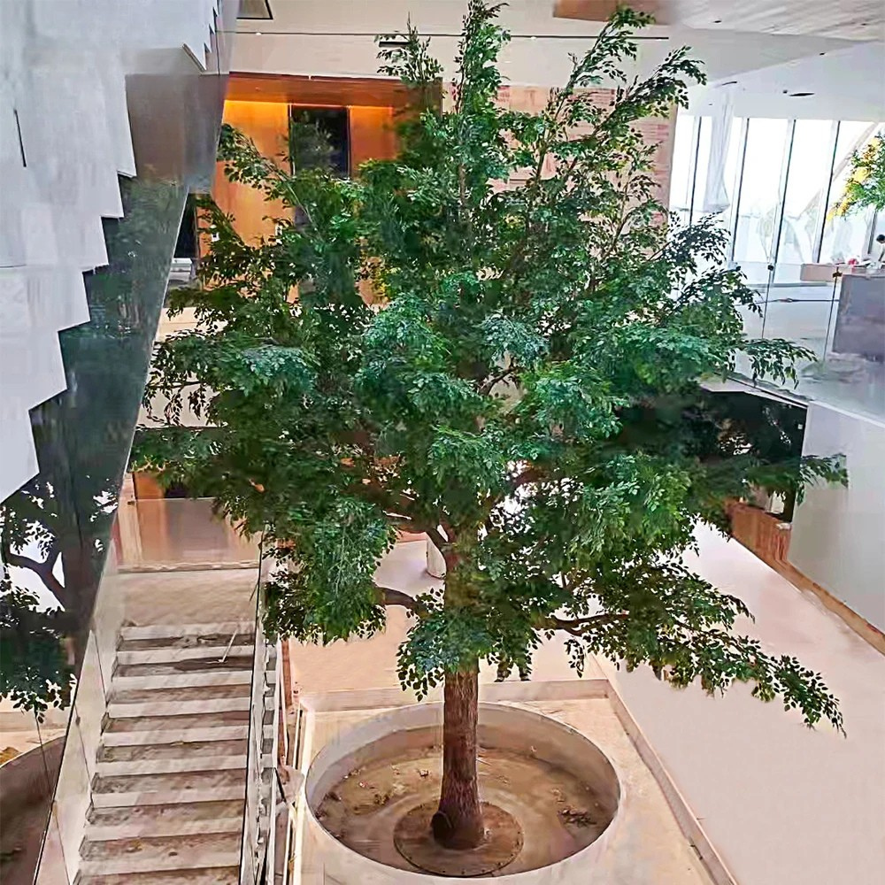 Artificial banyan tree 10m tall, dense ficus canopy spreading very wide overhead