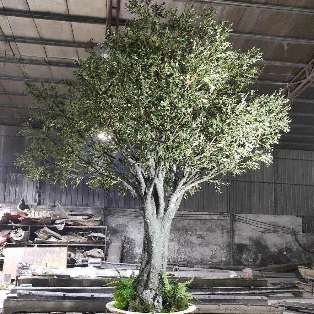 Artificial olive tree 4.8m tall in a white planter, silver-green Mediterranean foliage