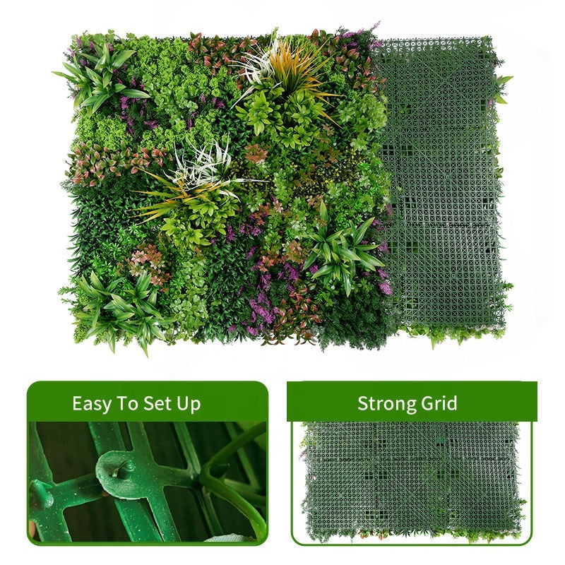 The grass panel used outdoors on a garden wall behind planters and bench seating