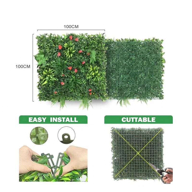 The same grass panel used outdoors on a courtyard wall beside a bench and planters