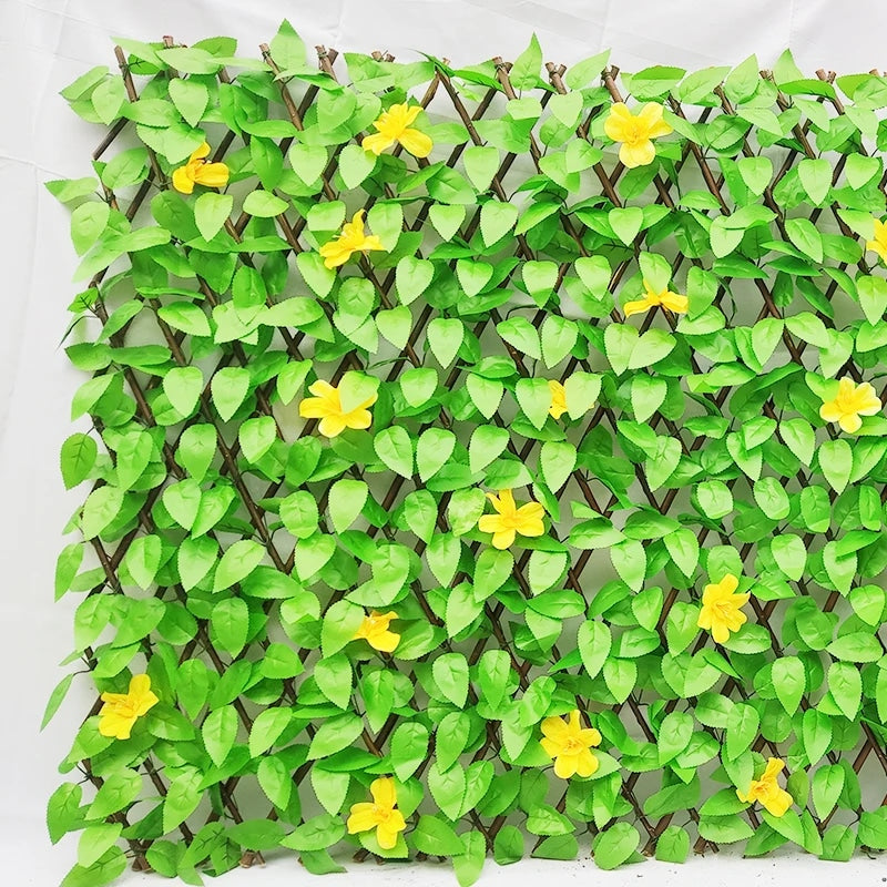 Close-up of the artificial ivy leaves and the woven willow slats they are fixed to