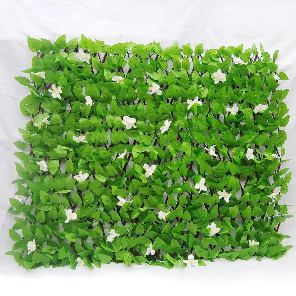 Artificial ivy privacy screen mounted on a willow trellis, foliage covering the lattice
