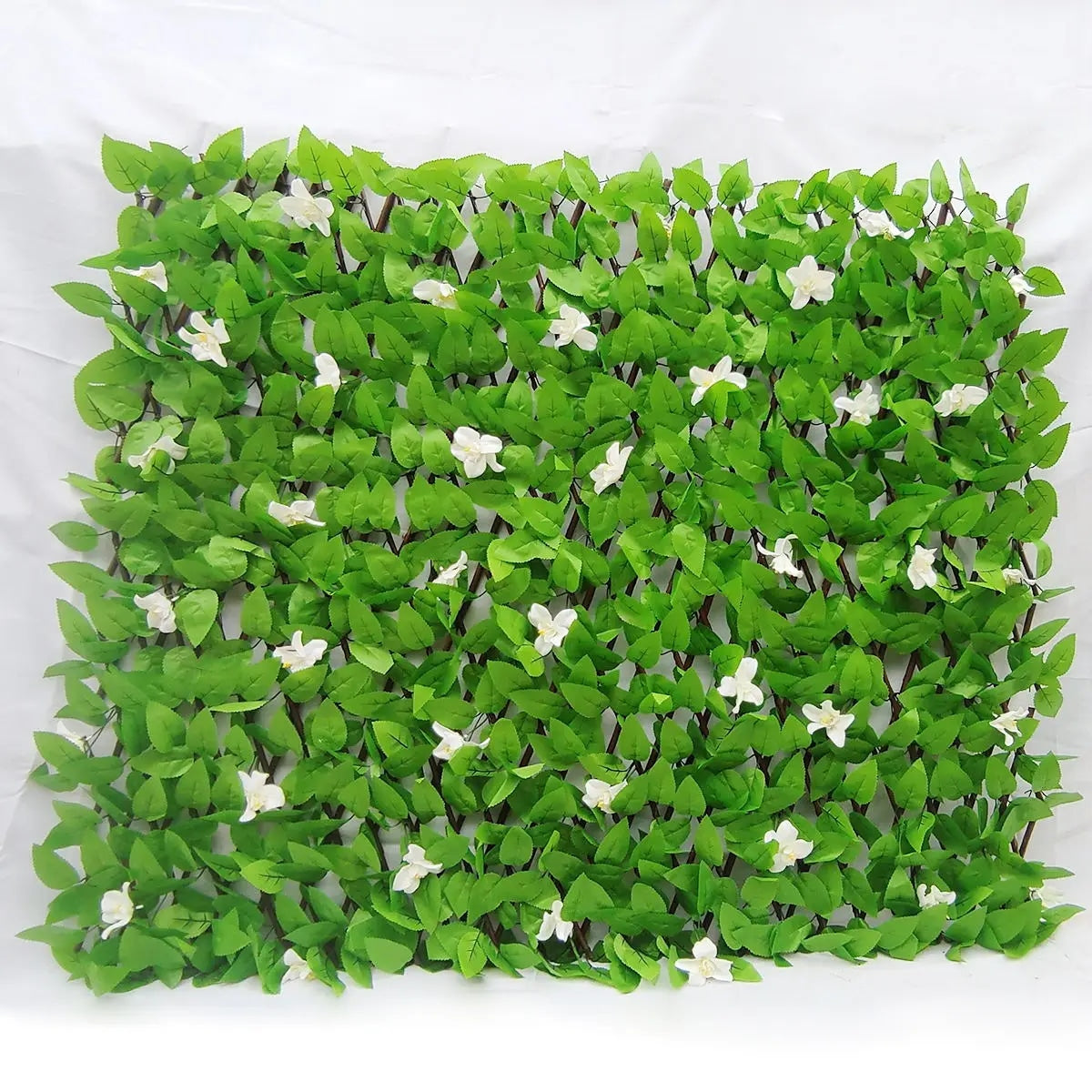 Artificial ivy privacy screen mounted on a willow trellis, foliage covering the lattice