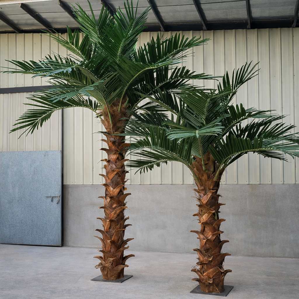 Close-up of the coconut palm fronds and their split, tapering leaflets