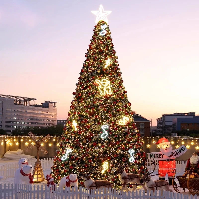 Commercial giant Christmas tree standing outdoors, lit through with LED tree lighting