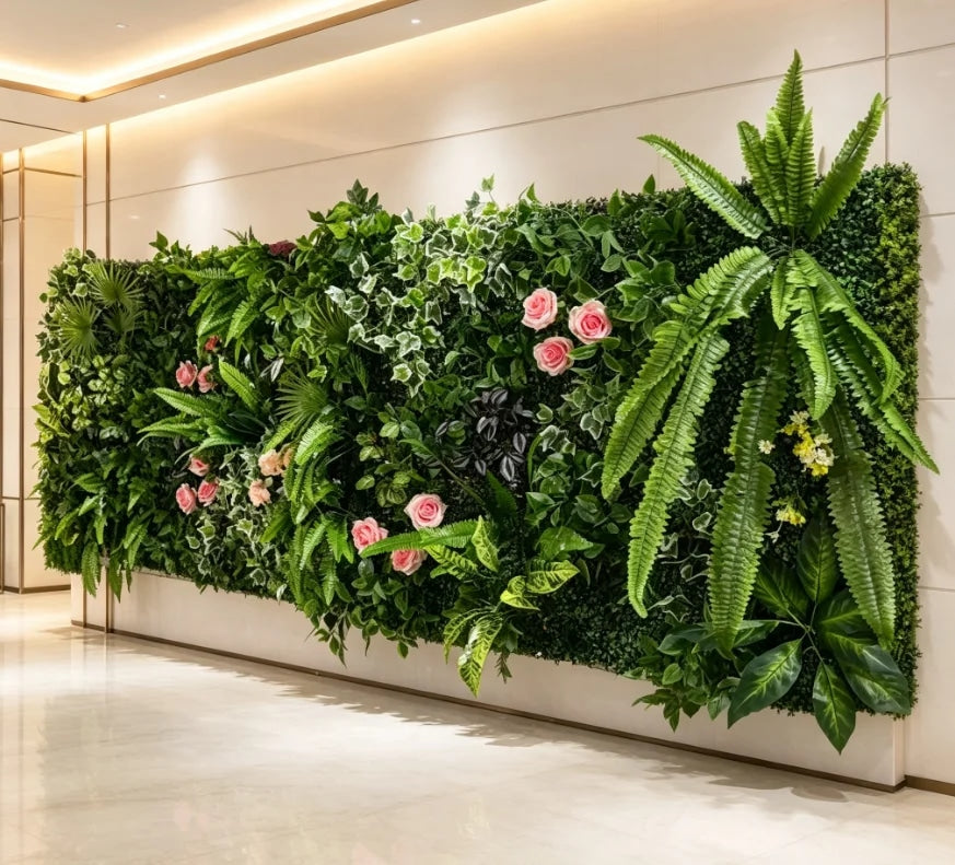 The boxwood hedge wall behind an event stage, foliage covering the whole surface