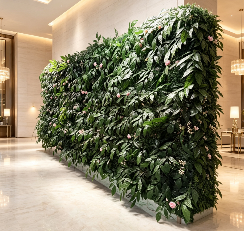 A single panel held up to show its size and the depth of the hedge foliage