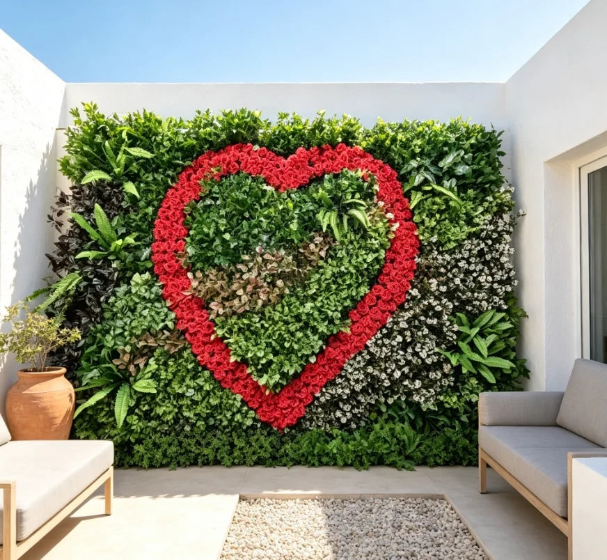 Vertical boxwood hedge wall panel used as an indoor green backdrop, densely leaved