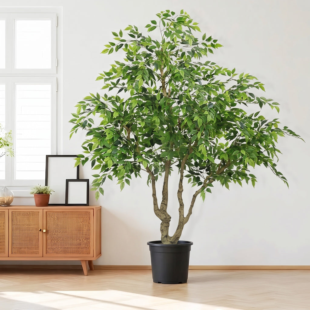 Artificial Banyan Tree - 7 ft, Silk Leaves, Black Pot