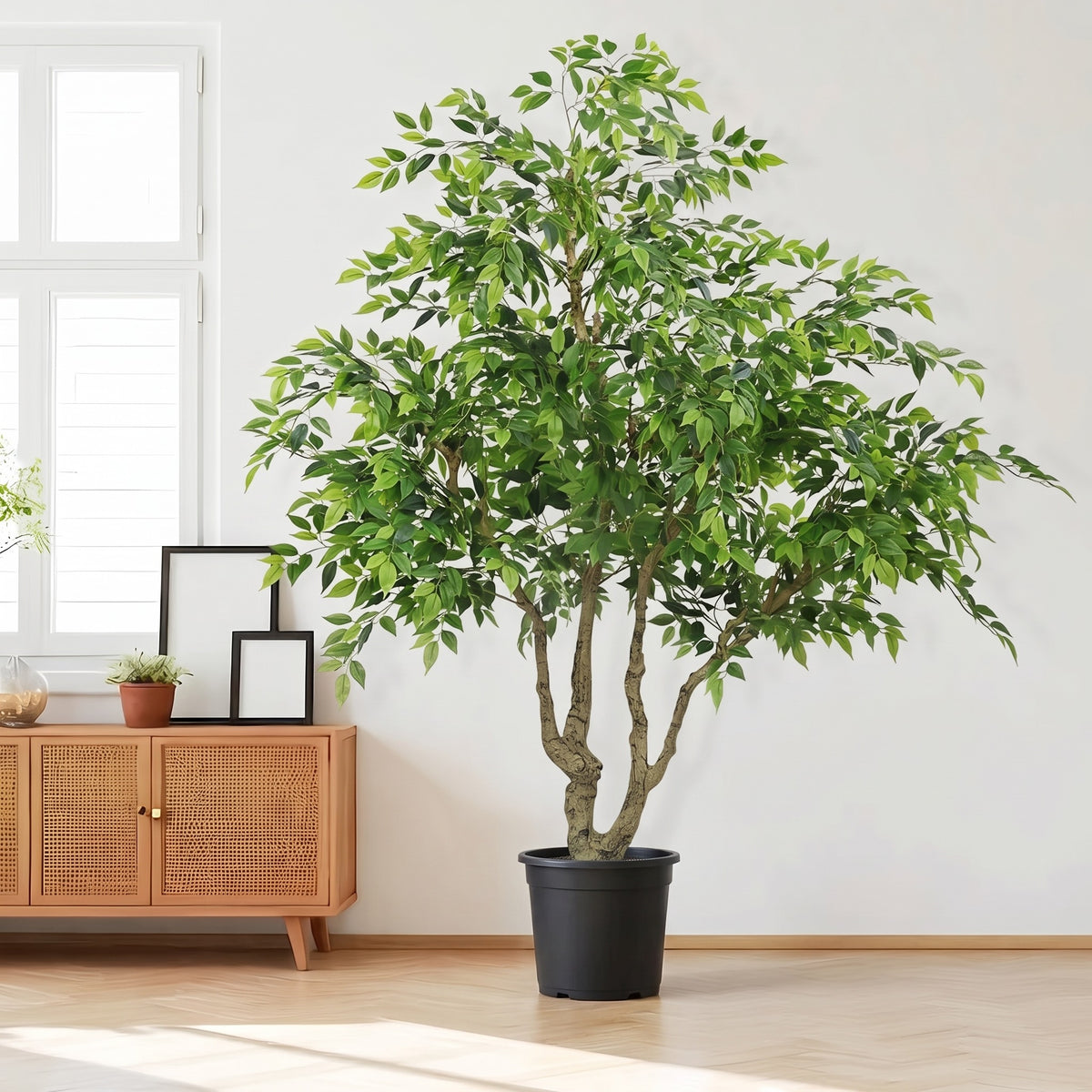 Artificial Banyan Tree - 7 ft, Silk Leaves, Black Pot