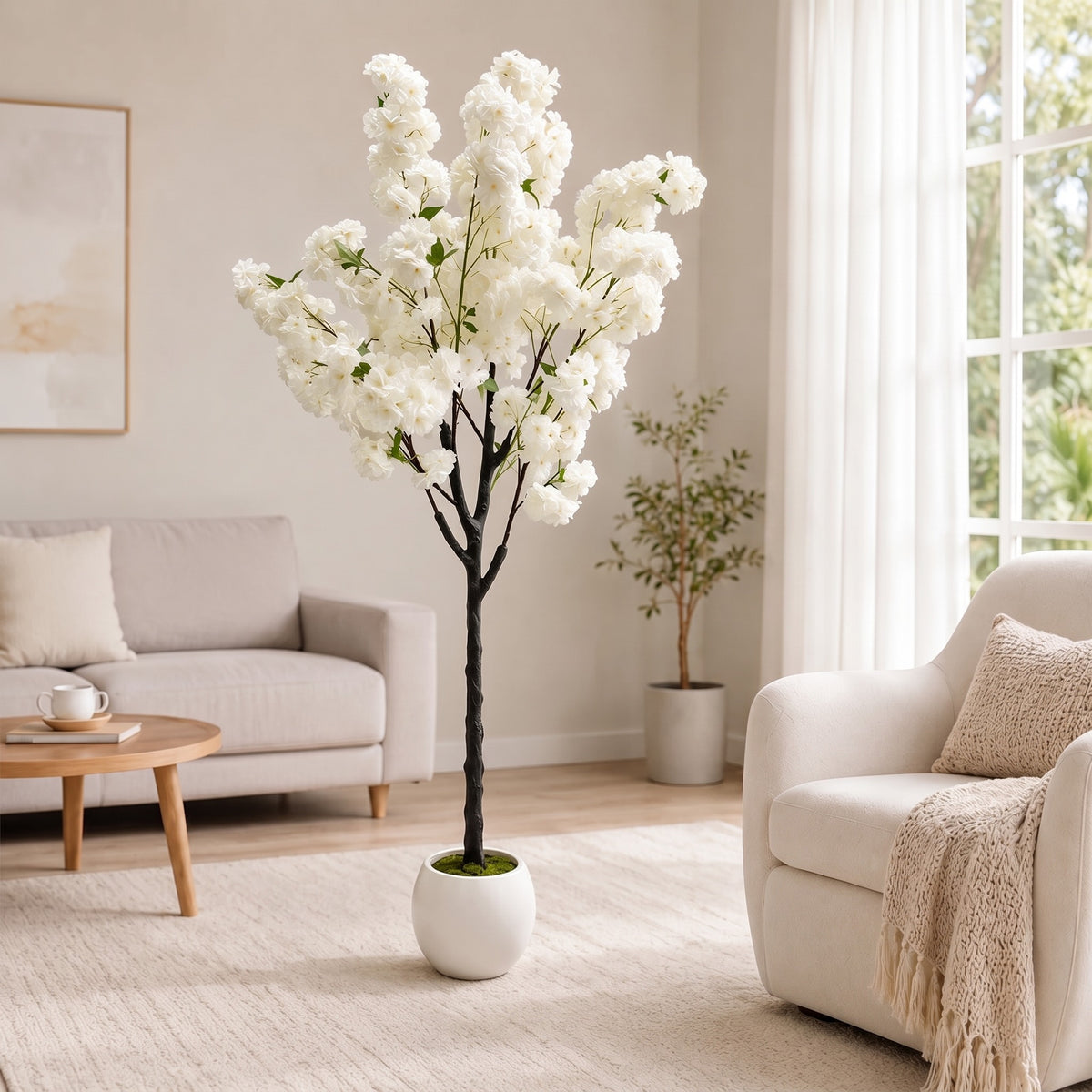 Artificial cherry blossom tree with white blossoms in a white pot, 150 cm