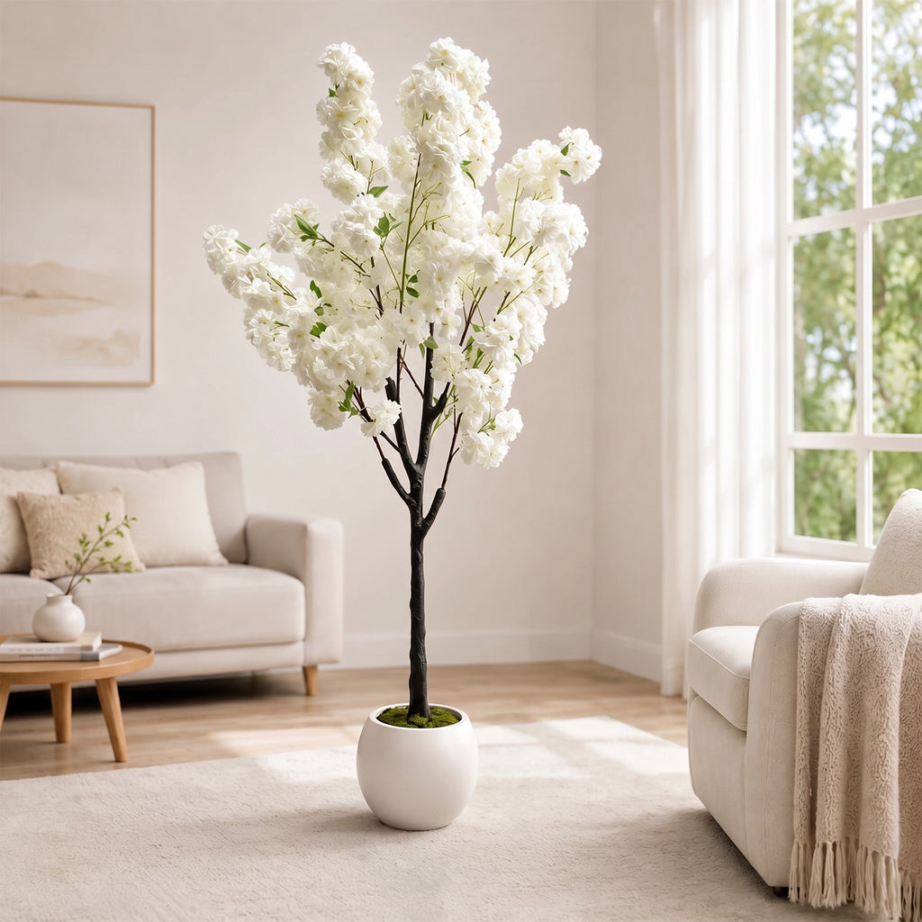 Artificial cherry blossom tree with white blossoms in a white pot, 180 cm