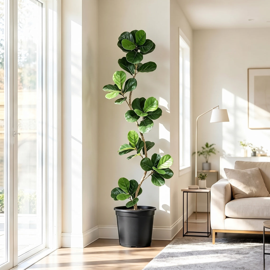 Artificial Fiddle Leaf Fig Tree - 4 to 6 ft, S-Shaped Trunk, Black Pot