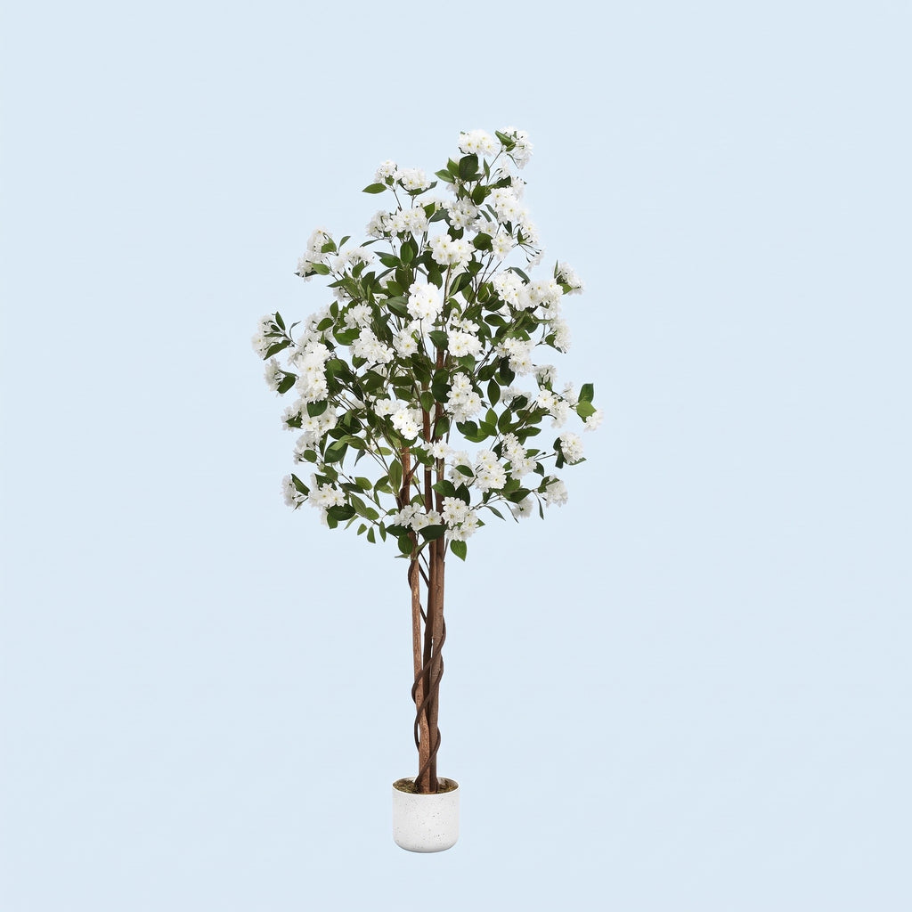Artificial osmanthus tree with white blossoms in a white pot, 180 cm