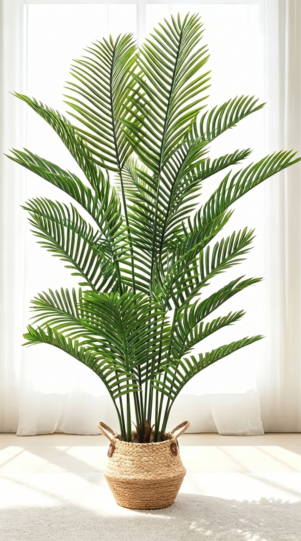 Artificial areca palm tree, 6 ft, in a hand-woven seagrass basket