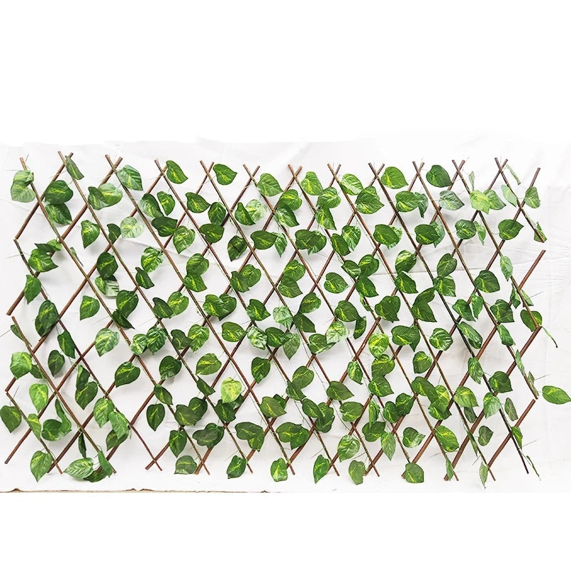 Close-up of the wooden willow slats and the artificial ivy leaves threaded through them