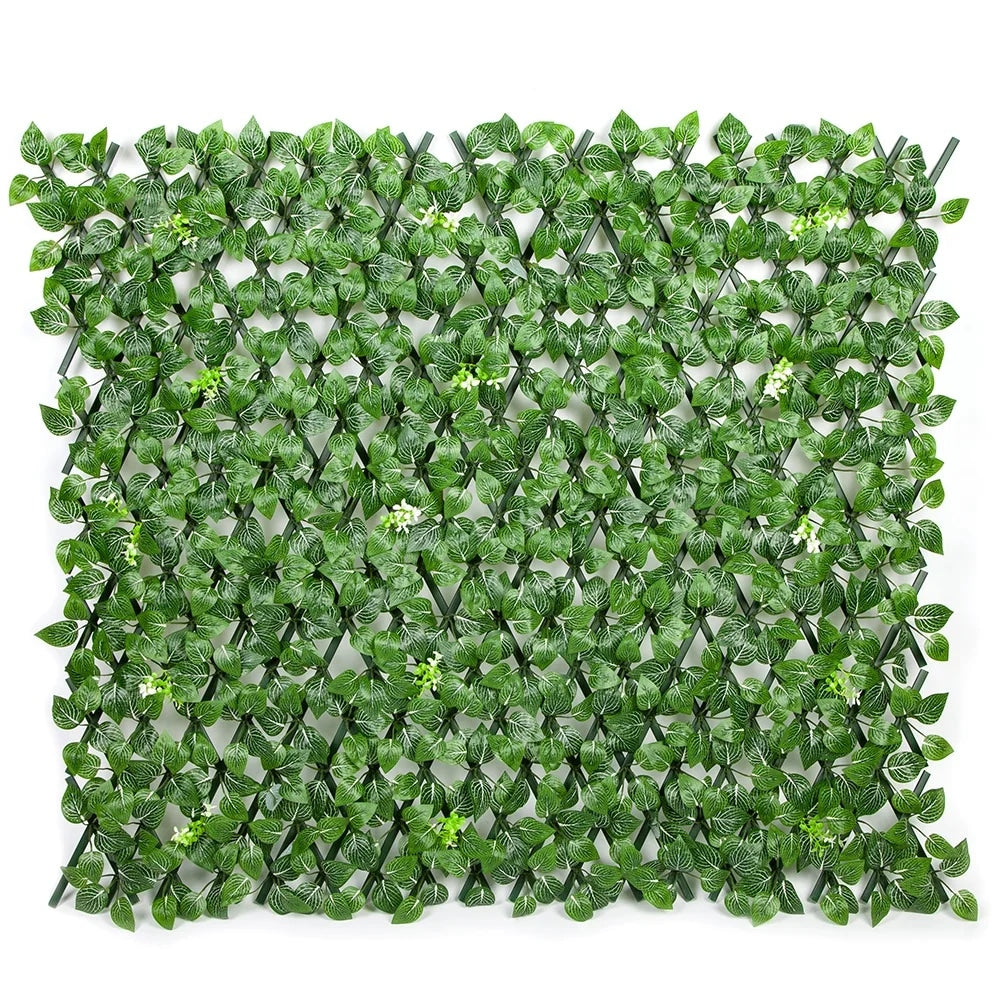 Extendable artificial trellis hedge opened out into a green wall screening panel