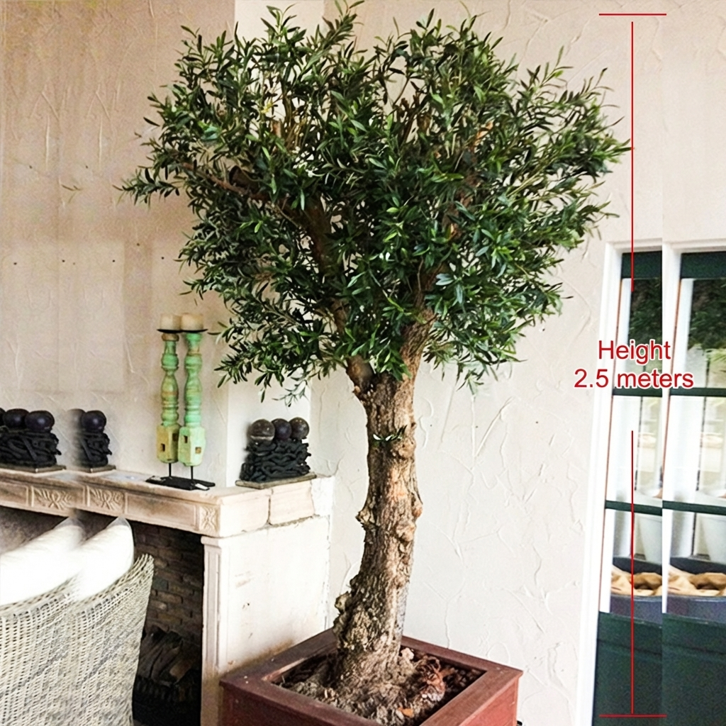 Base of the artificial olive where the fibreglass trunk meets its planter