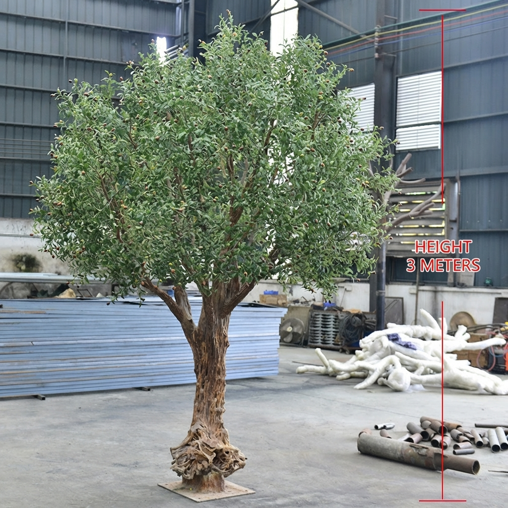 The faux olive tree used as a landscape feature in a shopping mall walkway