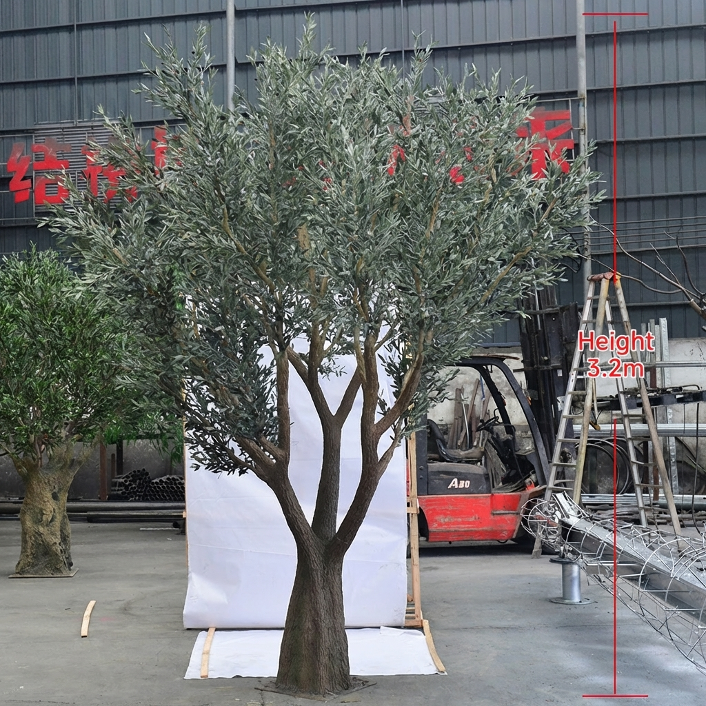 The crown of the 8ft olive tree seen from below against a bright ceiling