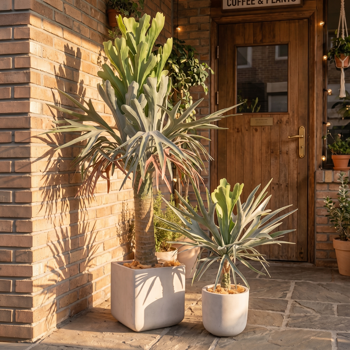 Artificial staghorn fern in a pot, antler-shaped fronds arching out from the crown
