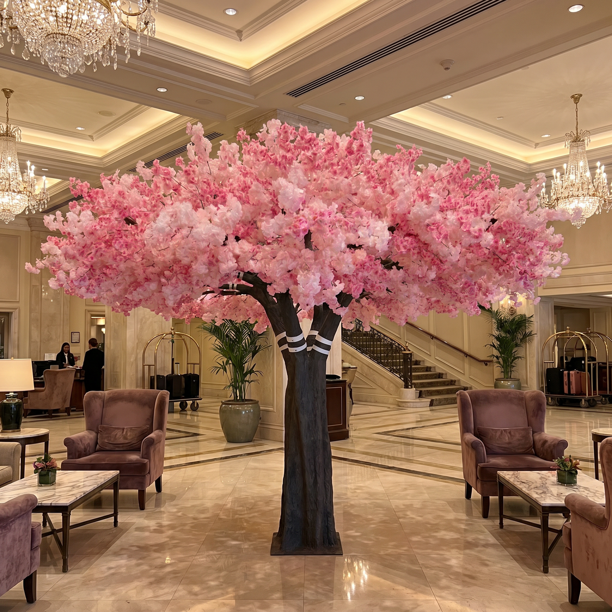 The trunk and branch frame of the 10ft pink blossom tree beneath the flowers