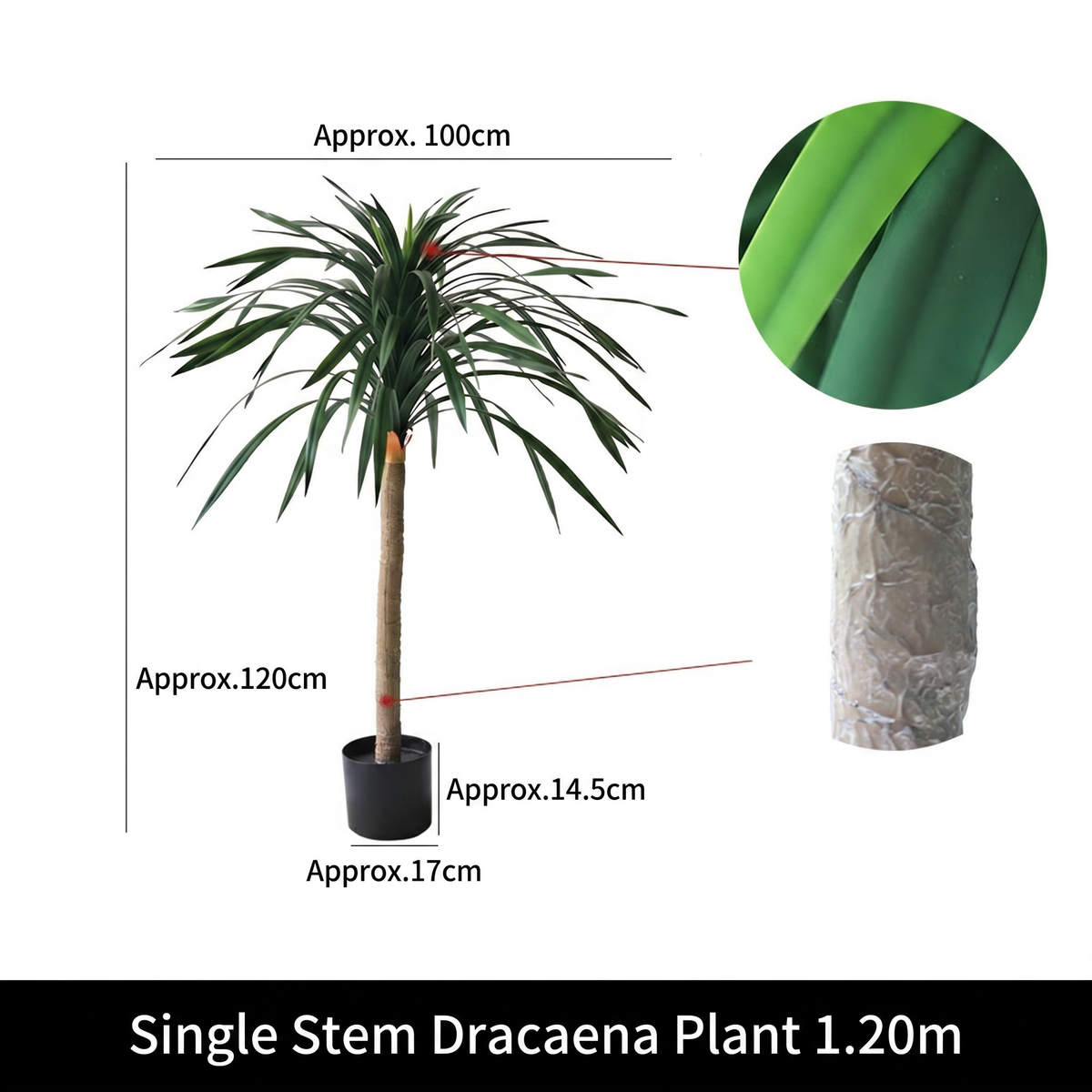 Faux dracaena tree with slender arching leaves in soft rubber, set on multiple stems