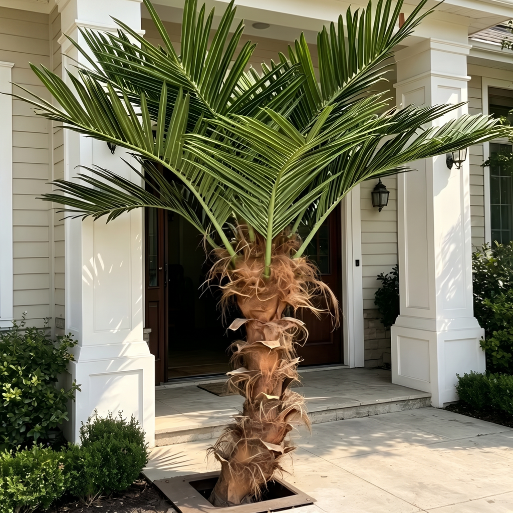 Curved artificial coconut palm standing 3m tall, with a fibreglass trunk and green fronds