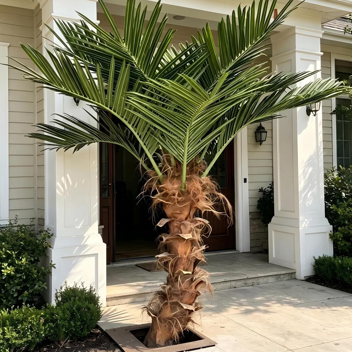 Curved artificial coconut palm standing 3m tall, with a fibreglass trunk and green fronds