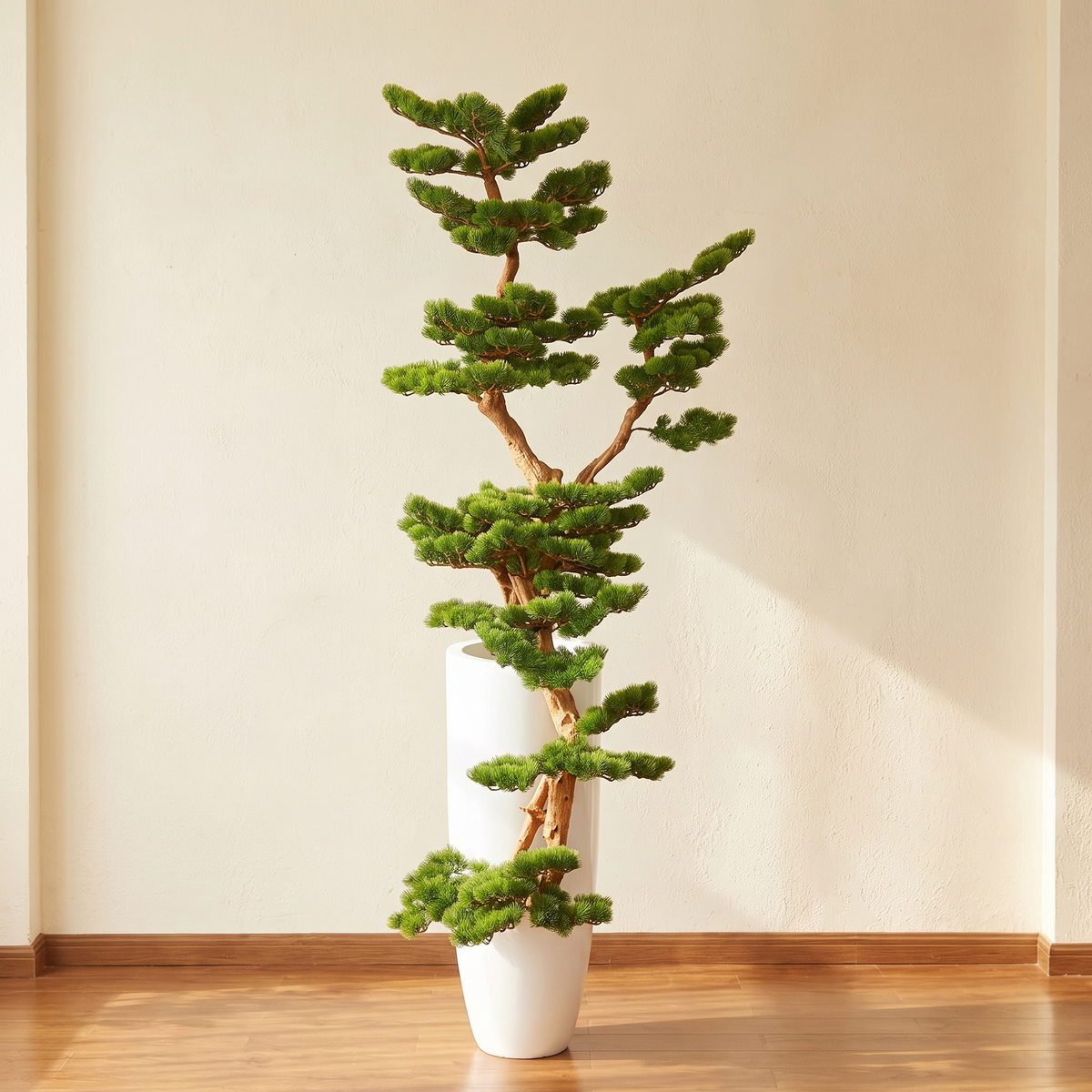 Artificial cedar pine bonsai 220cm tall, with sculpted branch tiers and green needles