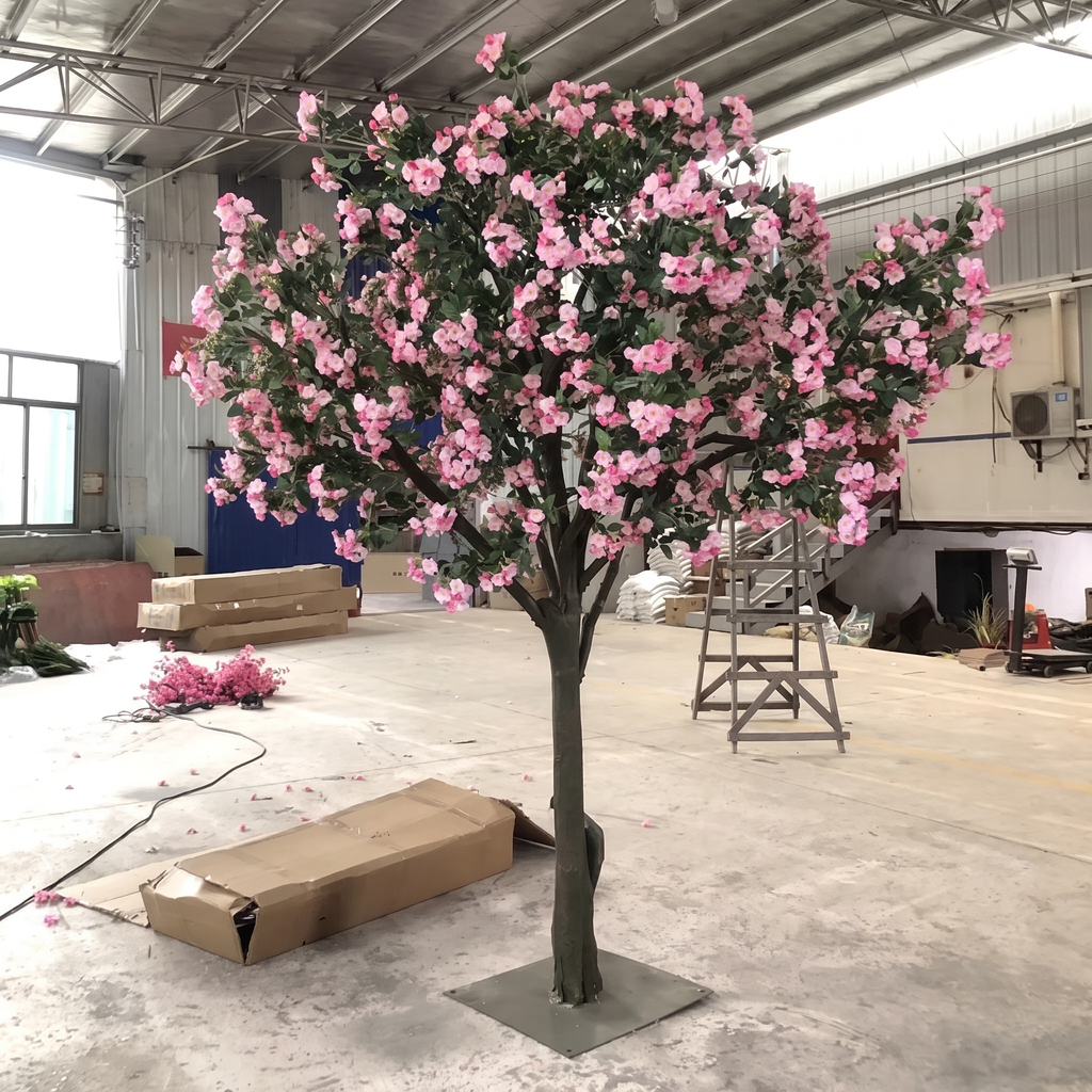The blossom tree in a hotel lobby, flowers spreading above a seating area