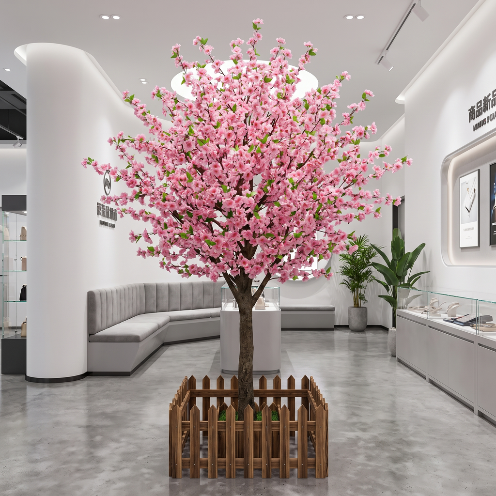 The flocked branch frame beneath the flowers, shaping the tree's round canopy