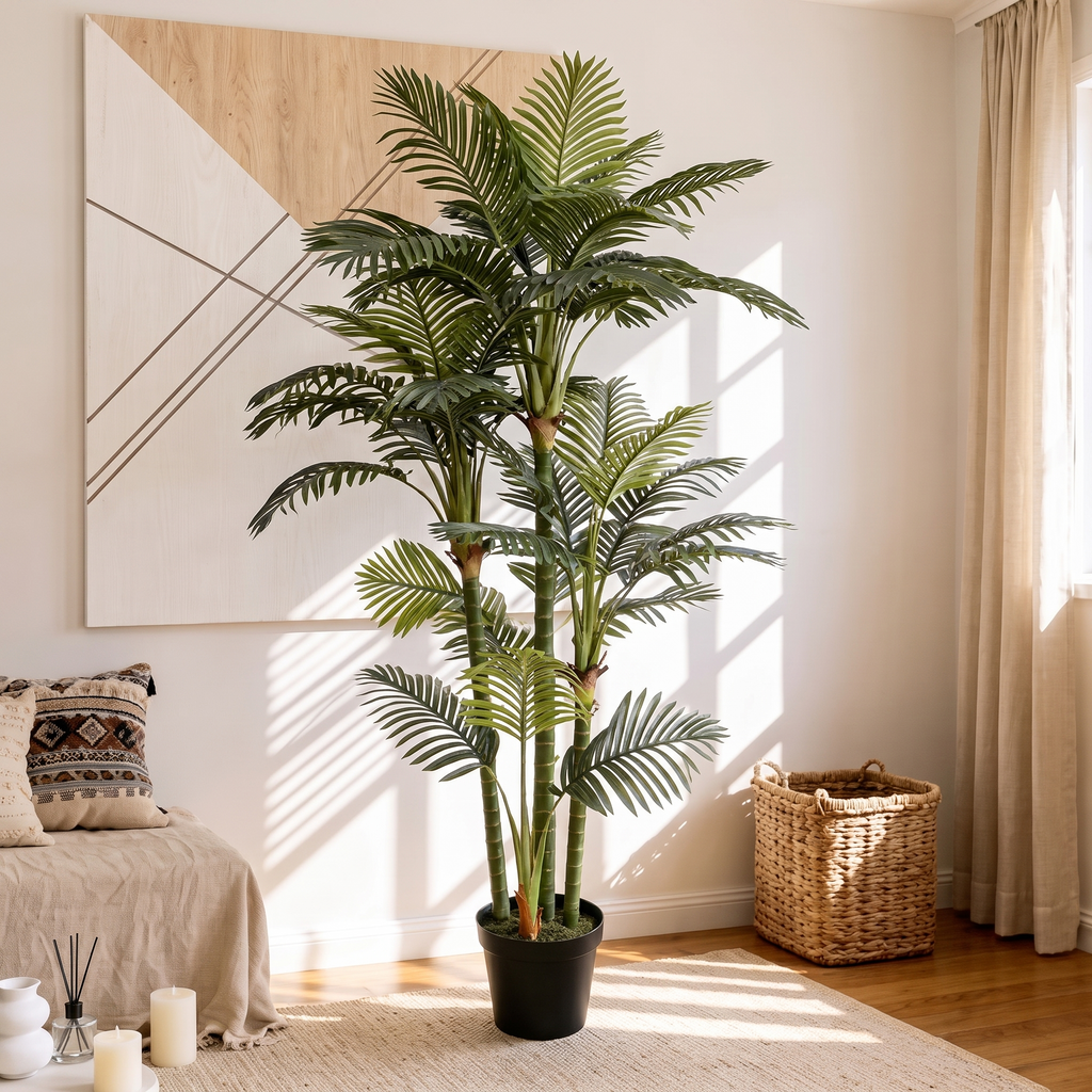 Artificial areca palm 5.5ft tall, potted, with feathered fronds on slim cane stems