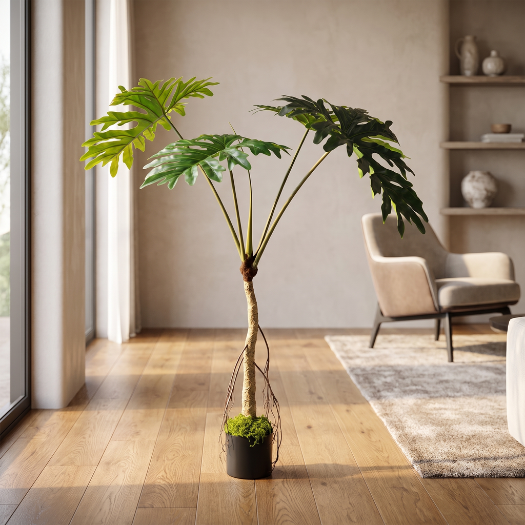 Tall faux monstera floor plant in a modern living room