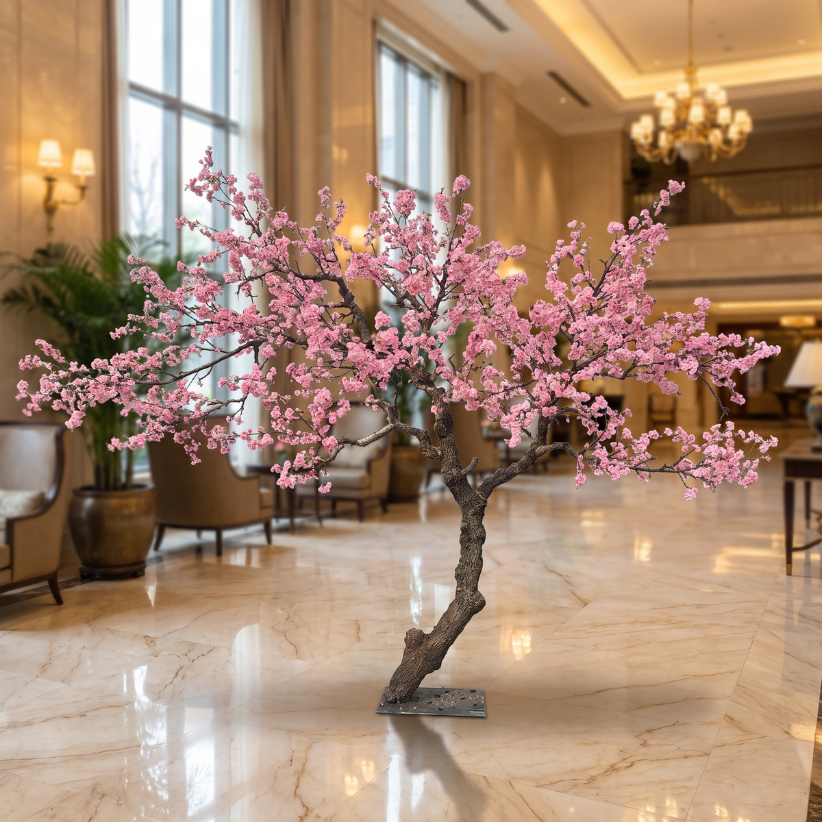 Faux cherry blossom tree in a hotel lobby