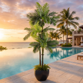 Artificial palm tree on a resort poolside terrace