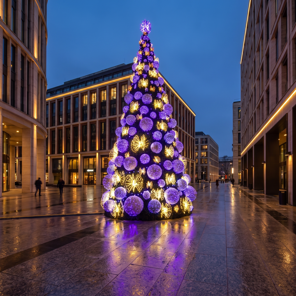 Large outdoor LED Christmas tree in a city plaza at dusk