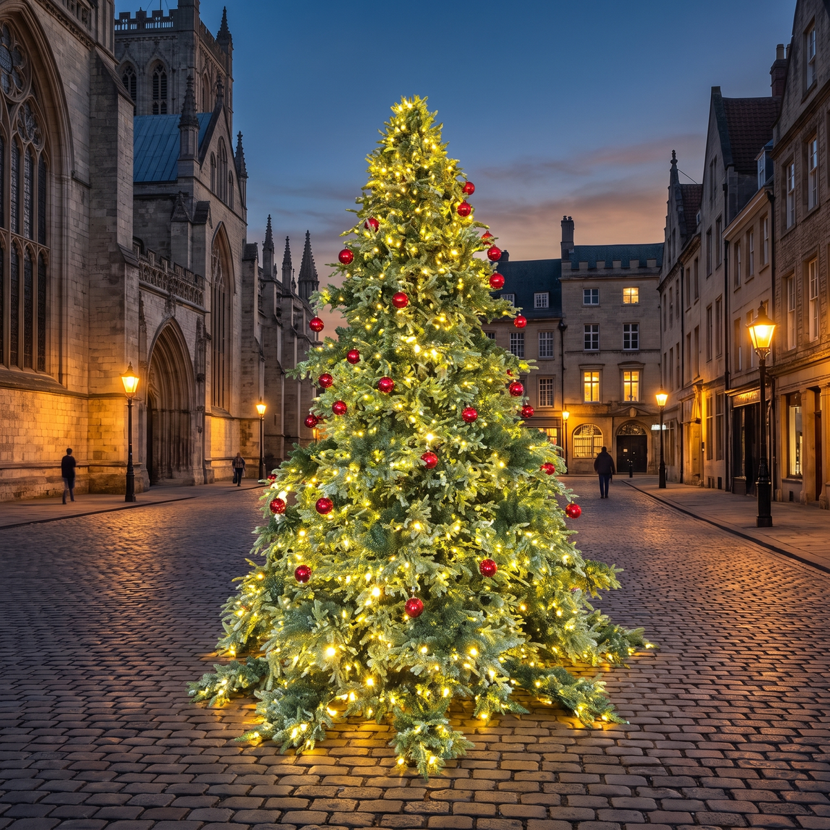 Red luxury commercial Christmas tree in a cathedral square