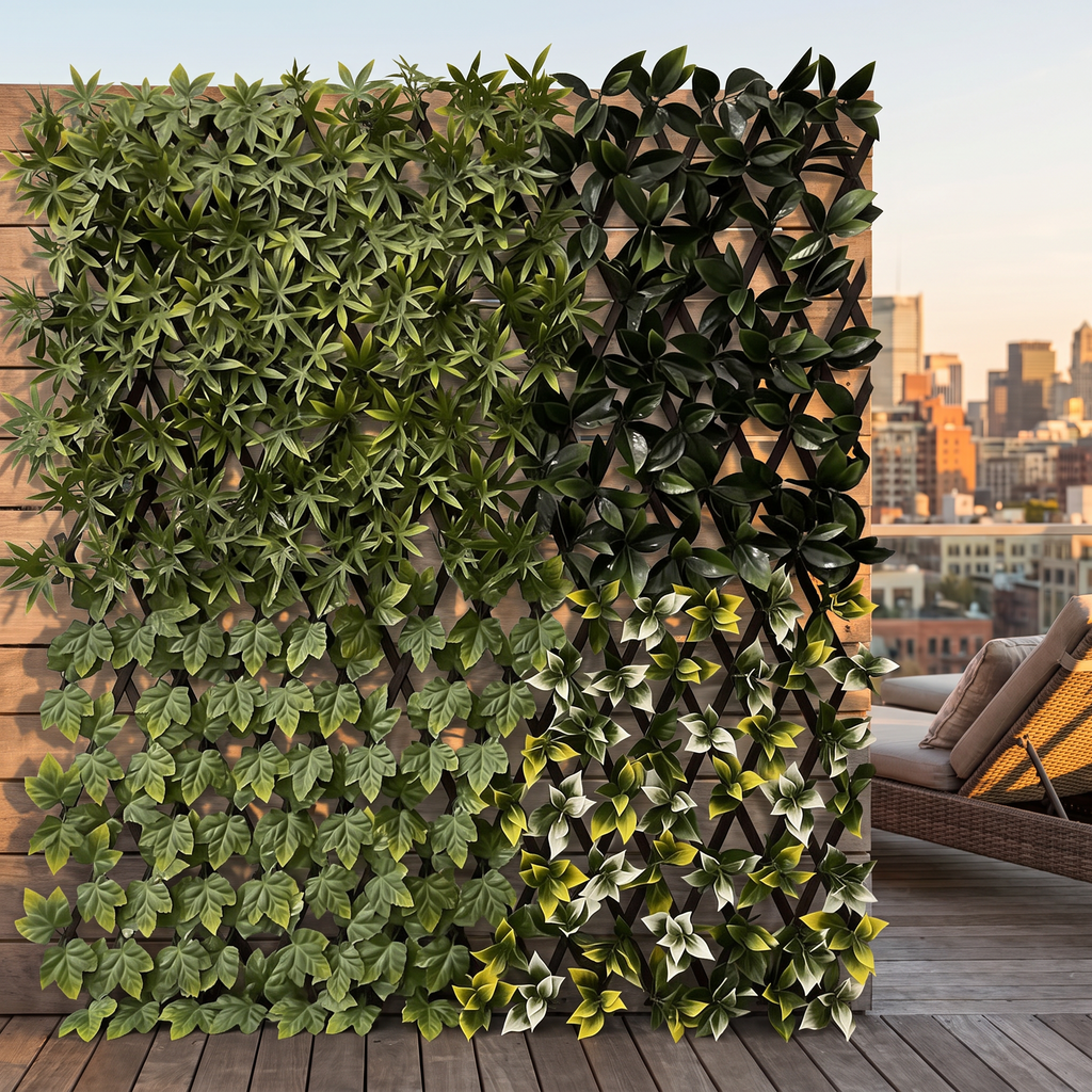 Artificial ivy privacy screen on a rooftop terrace