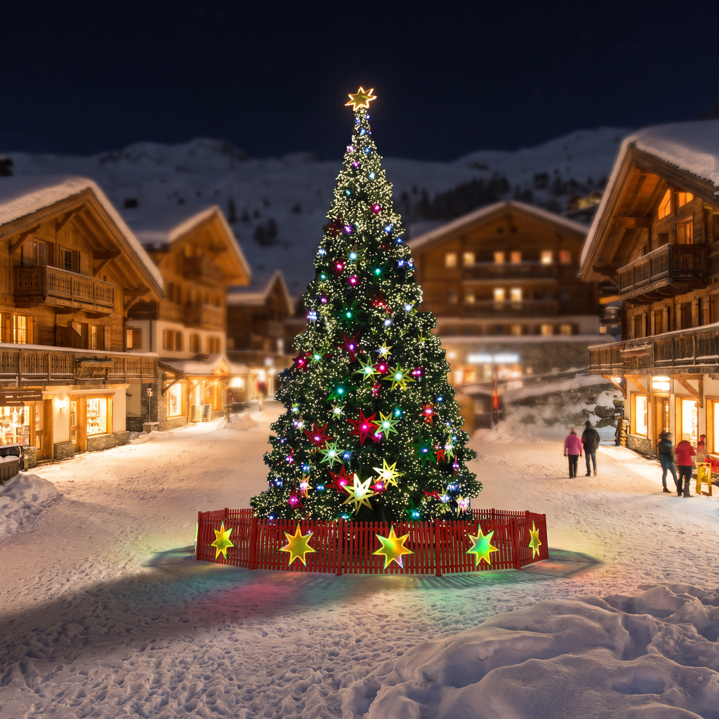 Giant DMX music light Christmas tree in an alpine village square