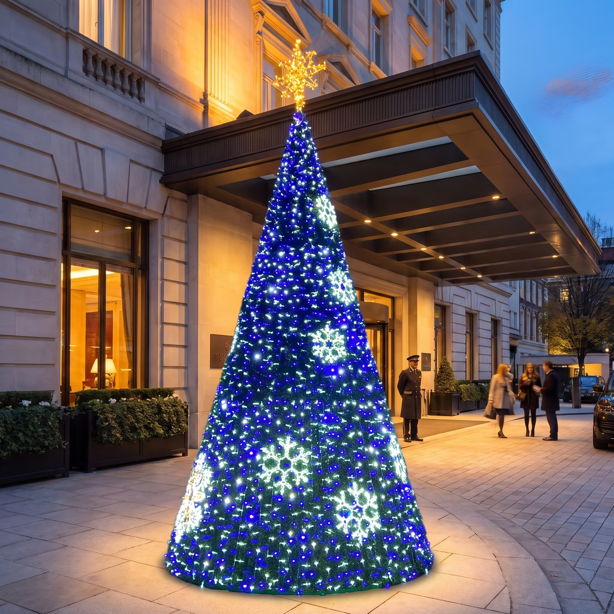 Warm white commercial Christmas light decor at a hotel entrance